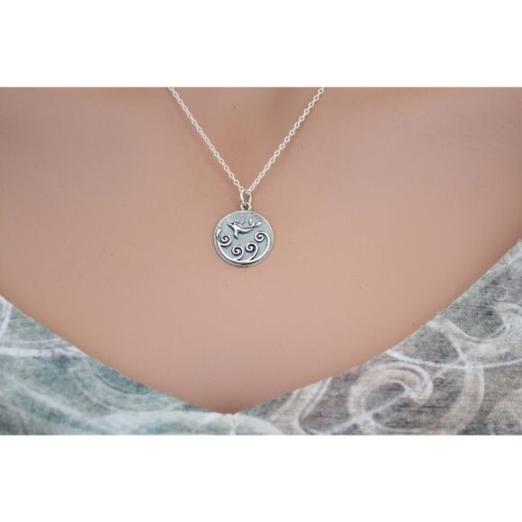 Sterling Silver Dolphin Charm with Waves Necklace - Picture 3 of 4